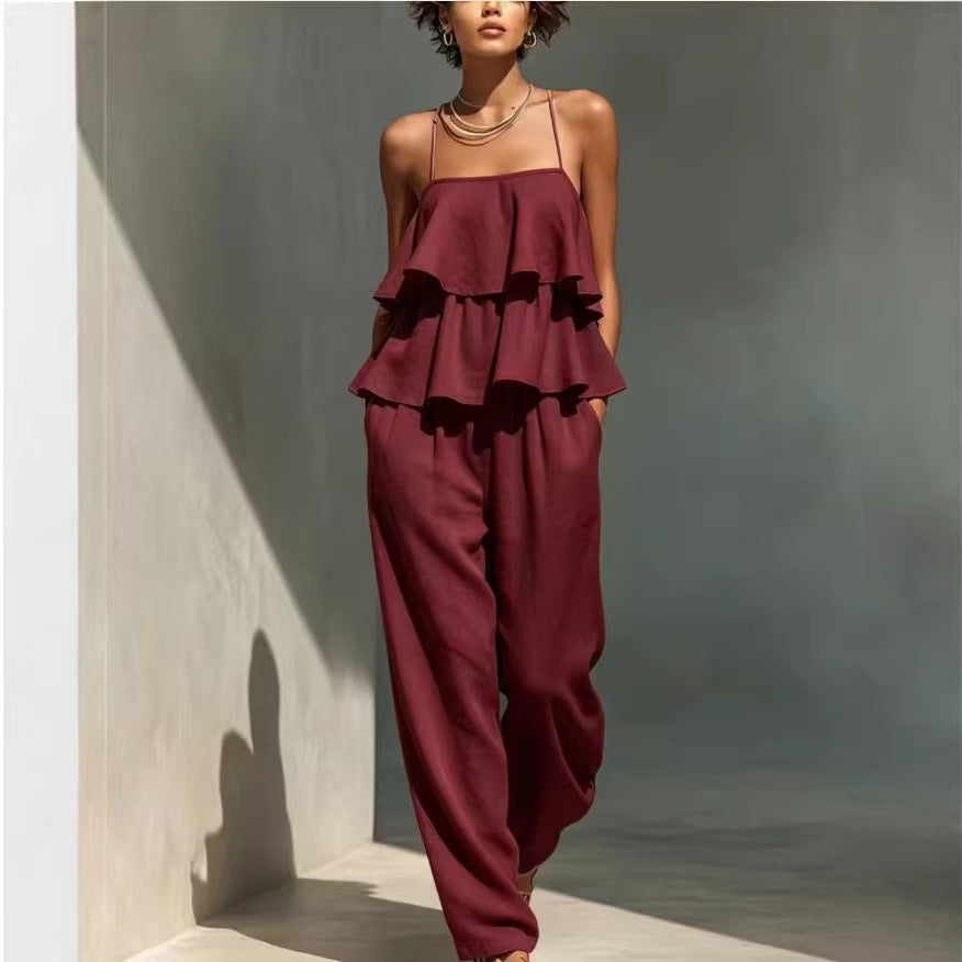Women's Ruffled Camisole and Casual Wide Leg Pants Set