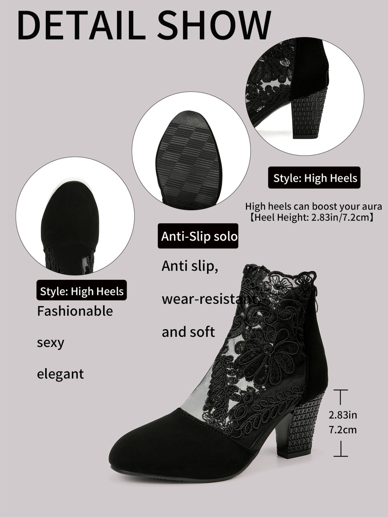 Women’s Lace-Embroidered Mesh Chunky Heel Ankle Boots in Black