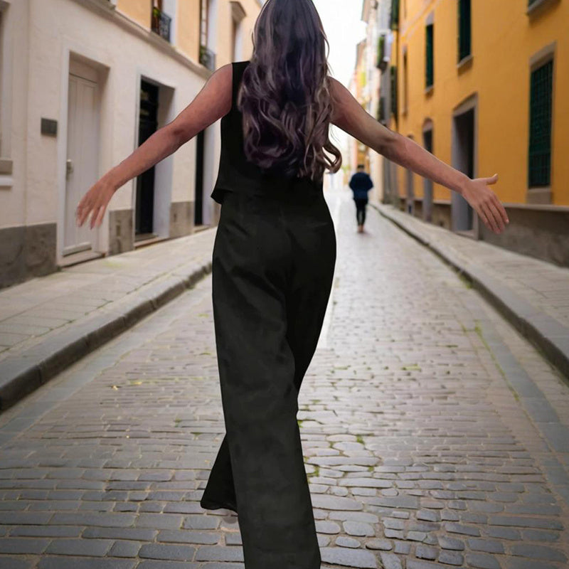 Women’s V-Neck Button-Front Vest and High-Waist Pants Set