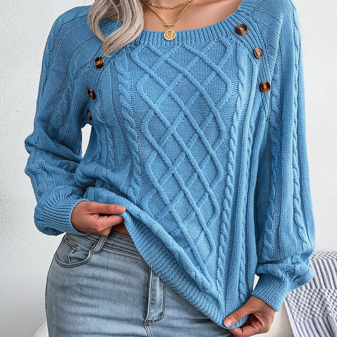 Women's Textured Cable Knit Sweater with Decorative Buttons - Image 23