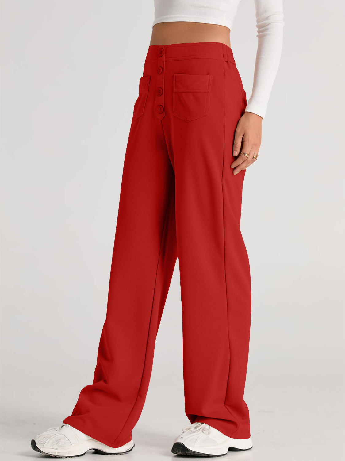 High Waist Wide Leg Pants | Black Polyester Relaxed Fit