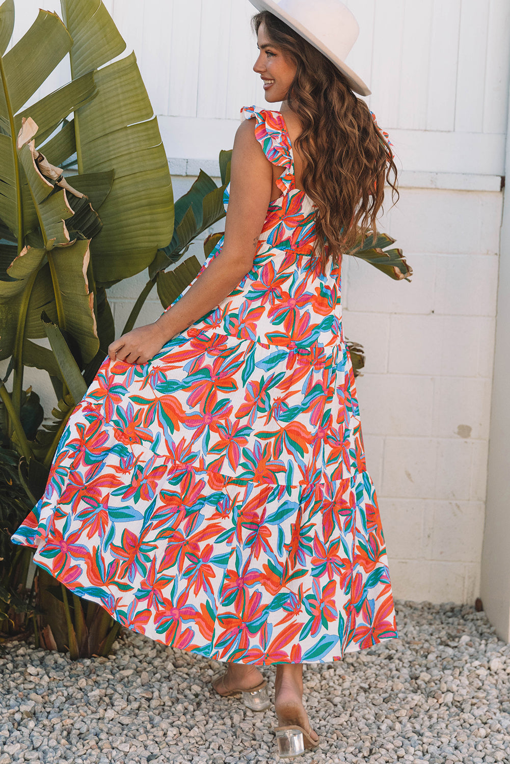 Women's Floral Boho Maxi Dress with Ruffle Straps