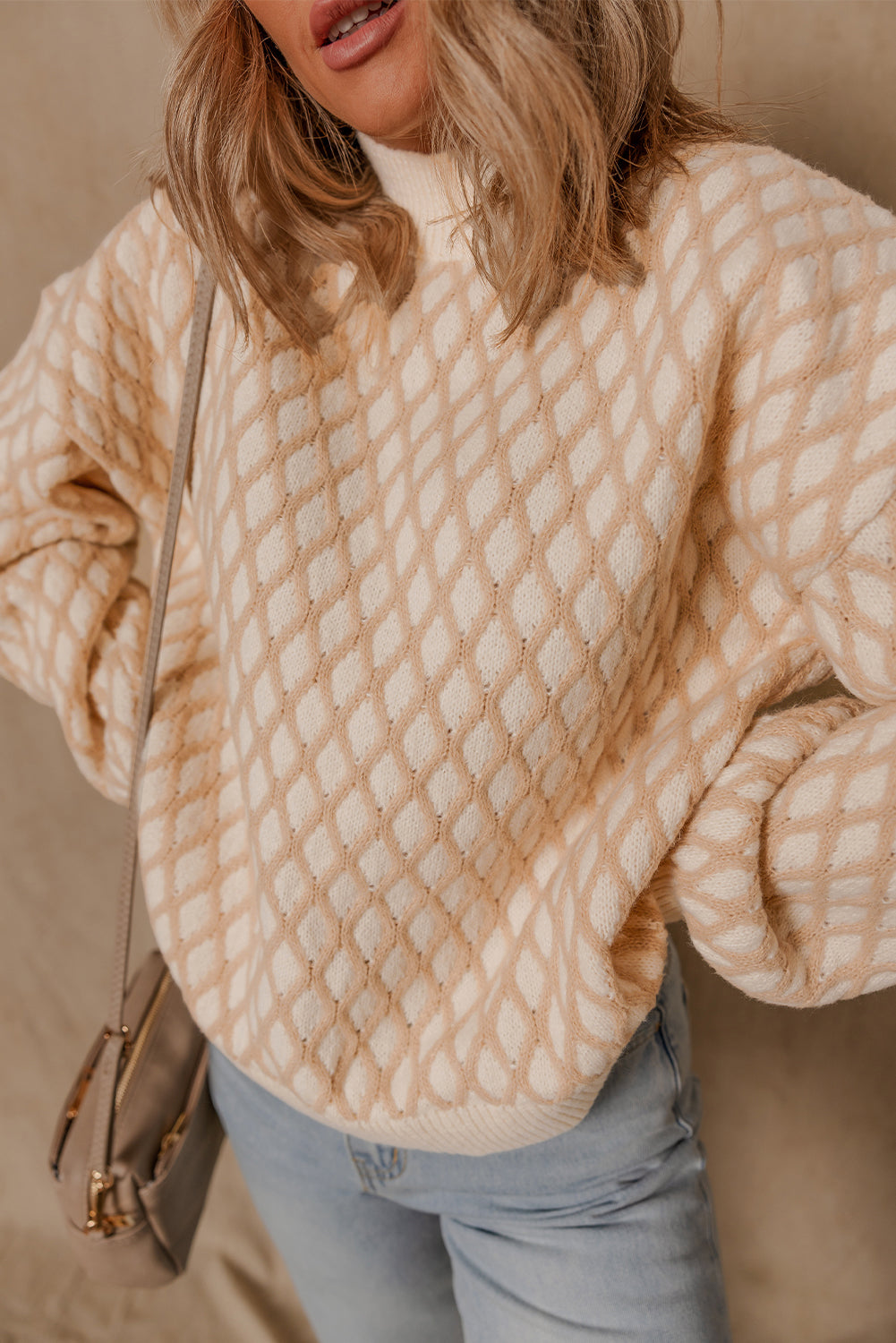 Ximena Rhombus Textured Knit Mock Neck Sweater in Beige Cream