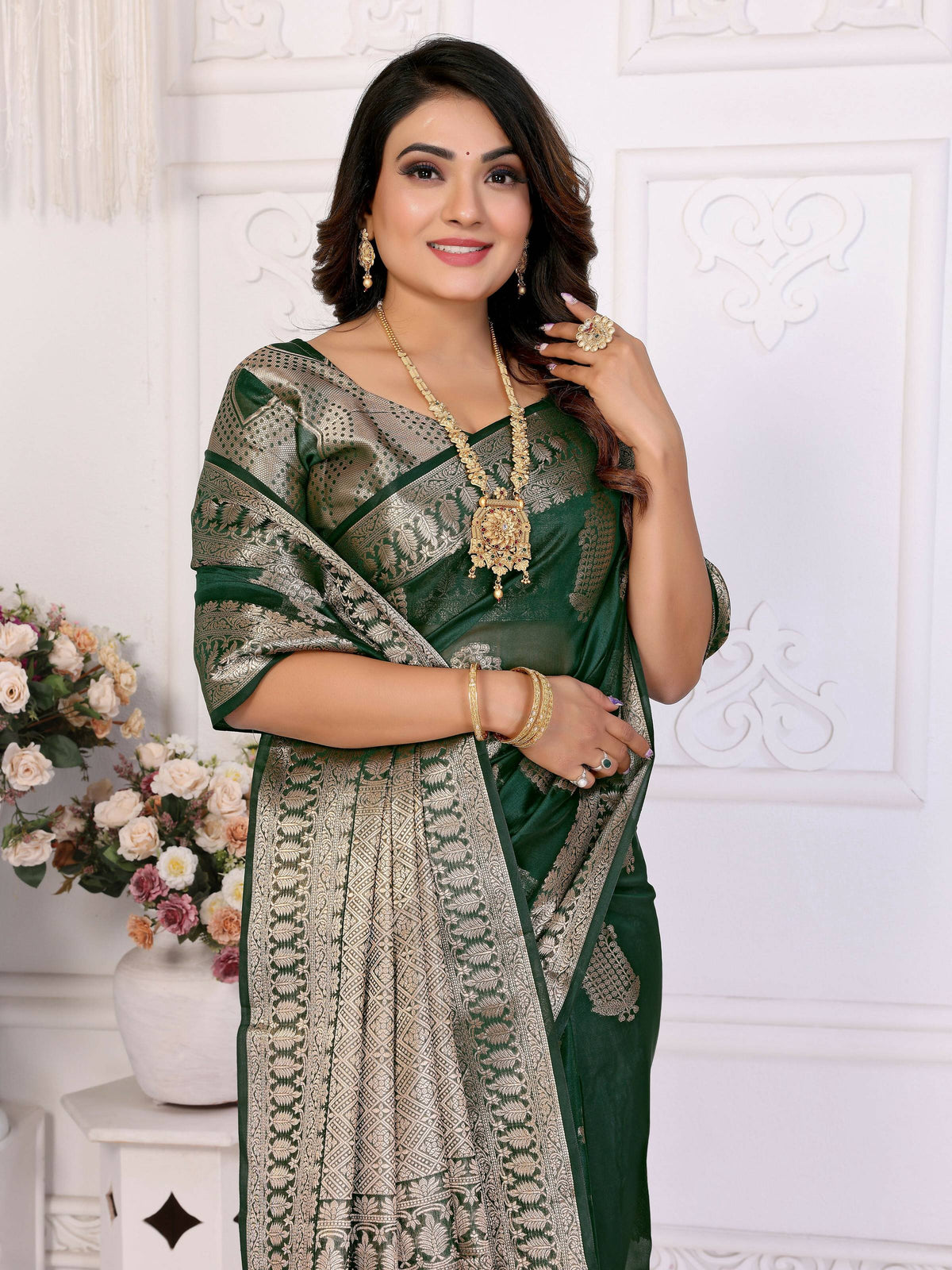 Green Soft Organza Silk Saree with Intricate Weaving