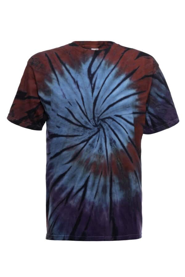 A close-up view of a blue and red spiral tie-dye T-shirt on a white background.