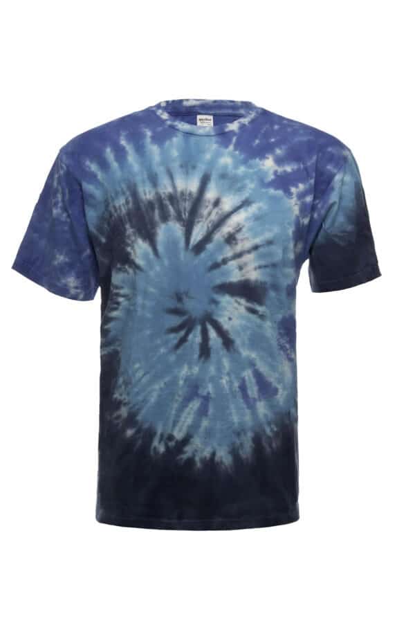 A close up view of a blue spiral tie dye t-shirt against a white background.