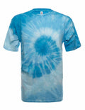 Sky blue spiral tie dye crew neck t-shirt on a white background