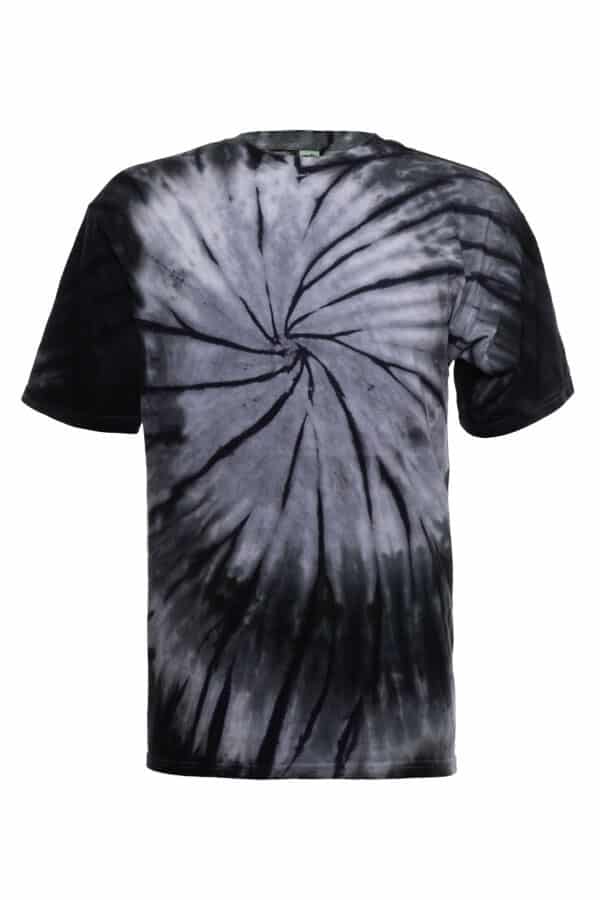 A close-up view of a black and grey spiral tie-dye short sleeve t-shirt, flat lay style.