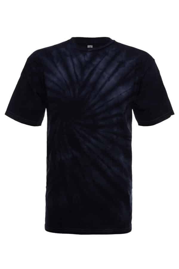 A black short-sleeved t-shirt with a subtle dark blue spiral tie-dye pattern.