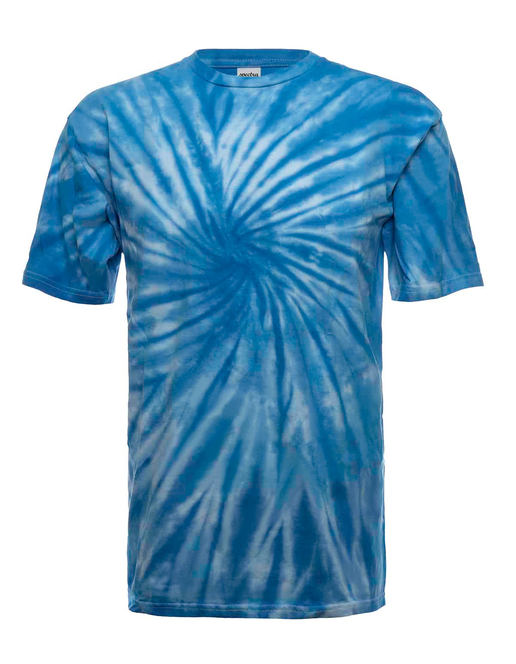 Sky blue spiral tie dye pattern on a short sleeve crew neck cotton t-shirt