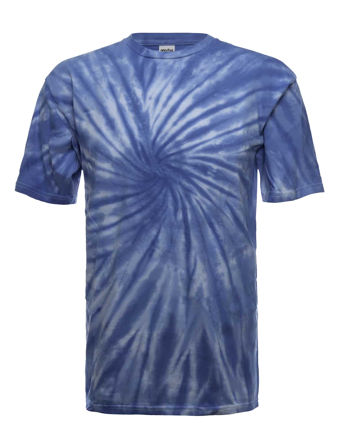 Sky blue spiral tie dye pattern on a short sleeve crew neck cotton t-shirt