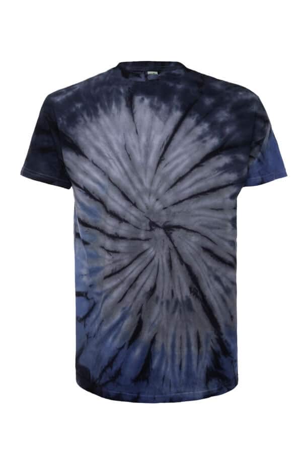 A navy and grey spiral tie-dye t-shirt displayed against a white background, showing both front and back views.