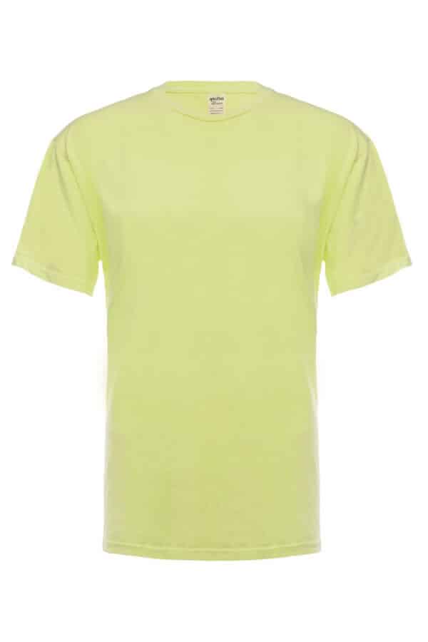 A neon yellow short-sleeve crewneck t-shirt displayed against a white background.