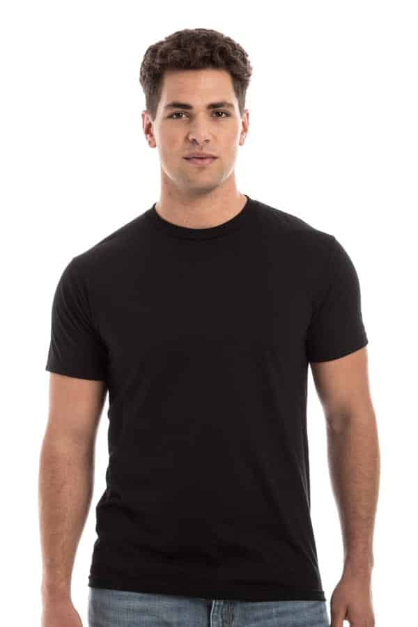 A man wearing a solid black SpectraUSA crew neck short-sleeve t-shirt.