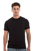 A man wearing a solid black SpectraUSA crew neck short-sleeve t-shirt.