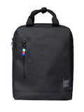 Minimalist black DAYPACK featuring a sleek urban design and multicolored accent tab.
