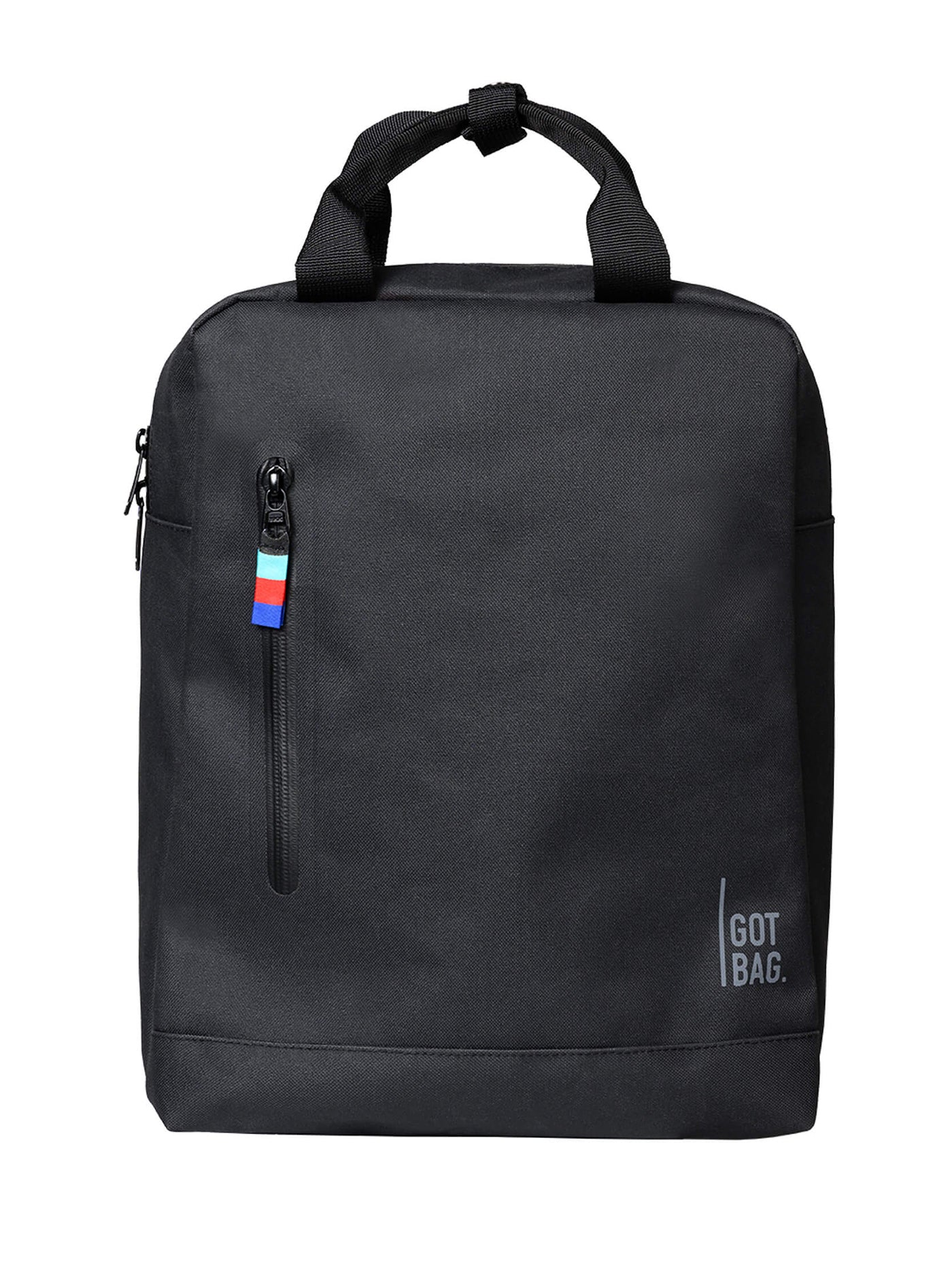 Minimalist black DAYPACK featuring a sleek urban design and multicolored accent tab.