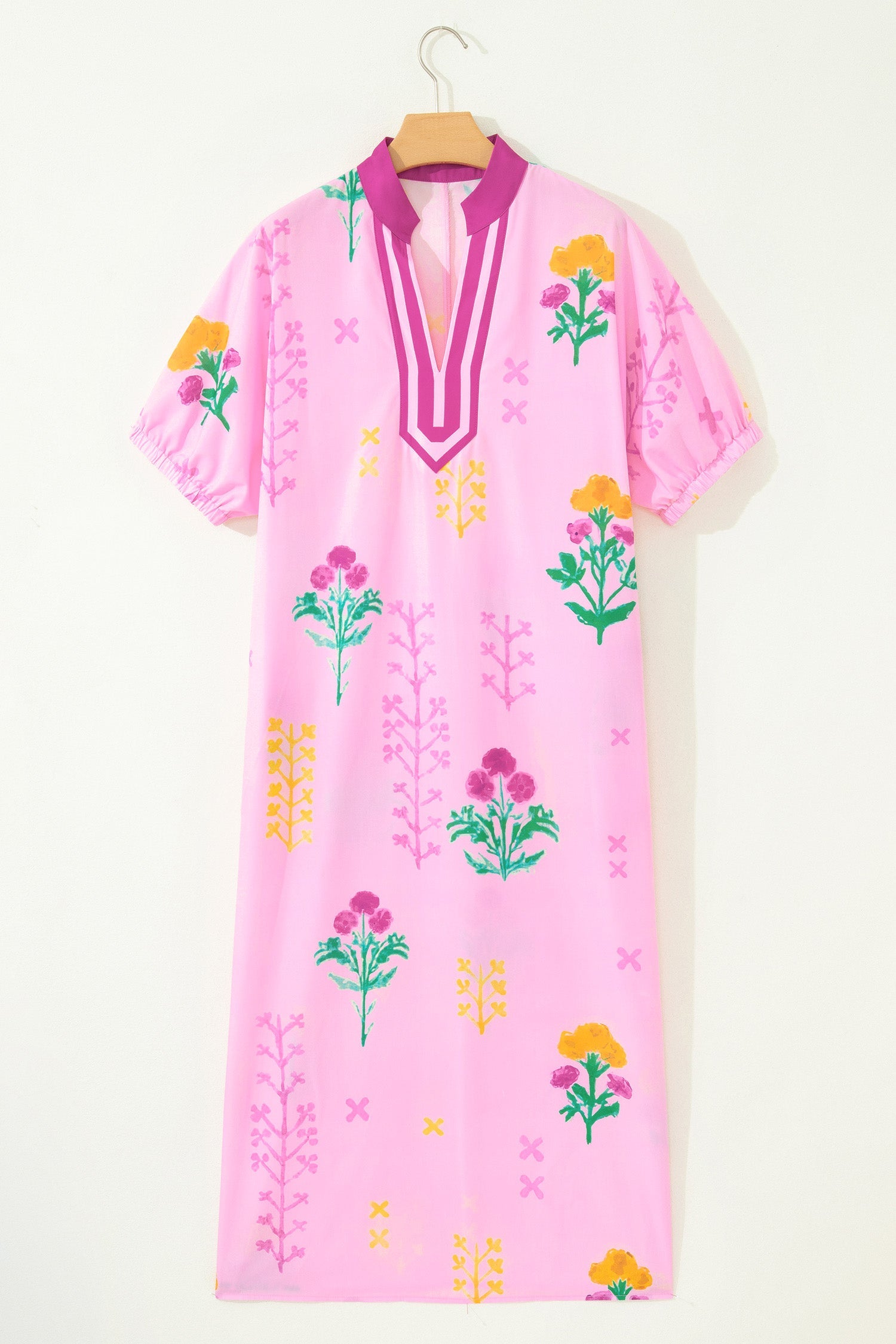 Floral Colorblock Trim V-Neck Midi Dress