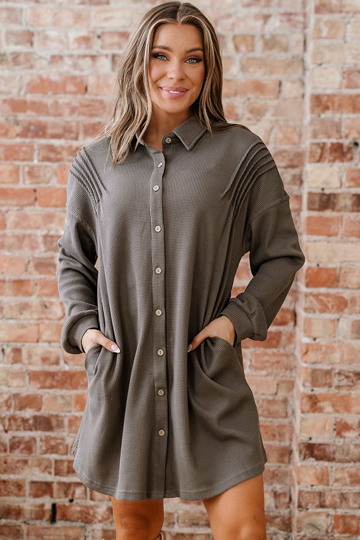 Waffle Knit Pleated Drop Shoulder Shirt Dress