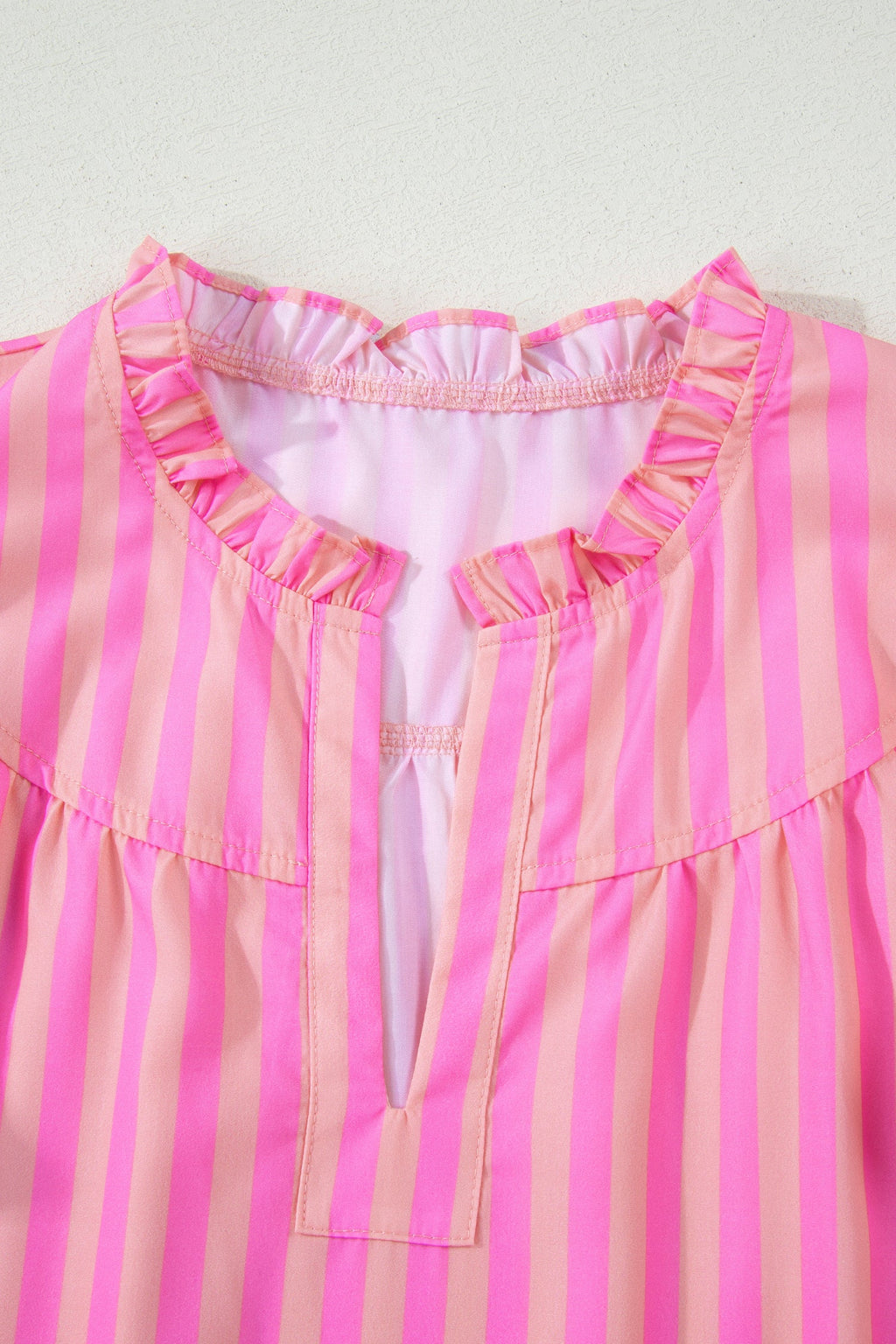 Juniper Striped V-Neck Ruffled Summer Blouse in Pink & Peach
