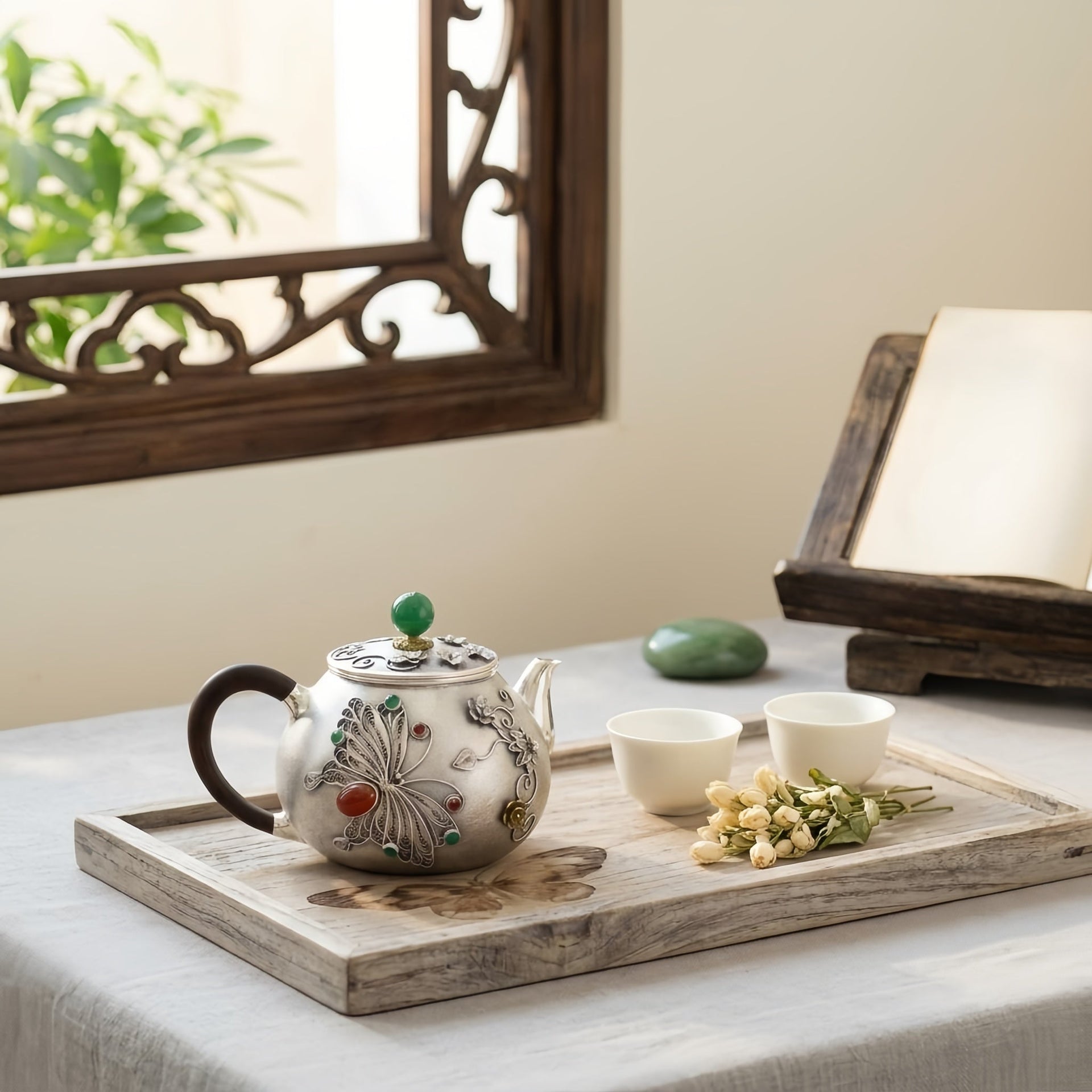 Pure 999 Fine Silver Silver Filigree Teapot with Butterfly Motif and Vibrant Gemstone Embellishments - Handicraft