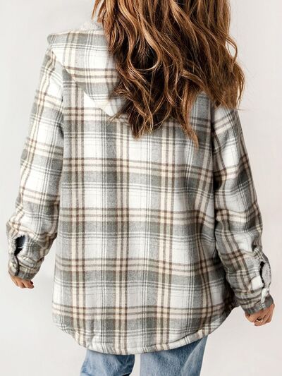 Plush Plaid Snap Down Hooded Jacket Cozy Warm Casual Outerwear