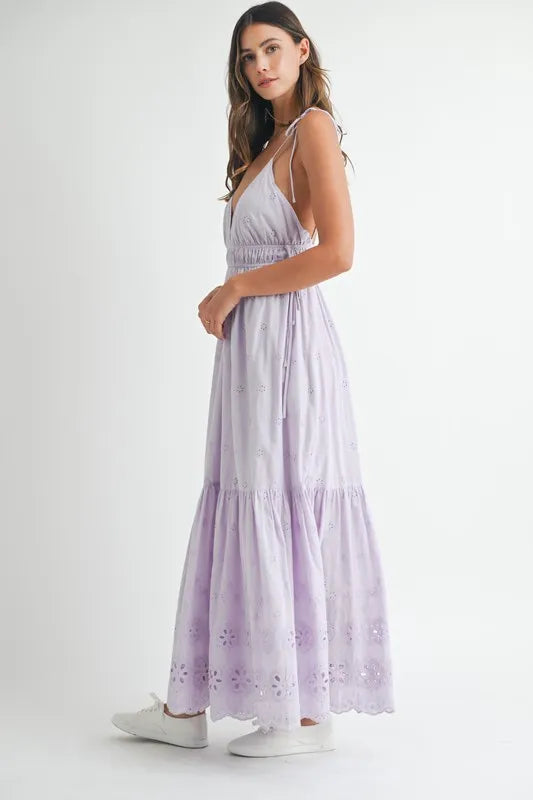Light-Purple Eyelet Lace Maxi Dress with Modern Side Strap Detail