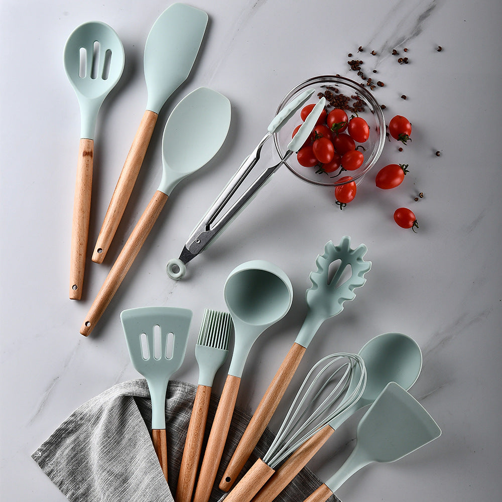 Aqua Storage Bucket with Wooden Handle Silicone Cookware Set