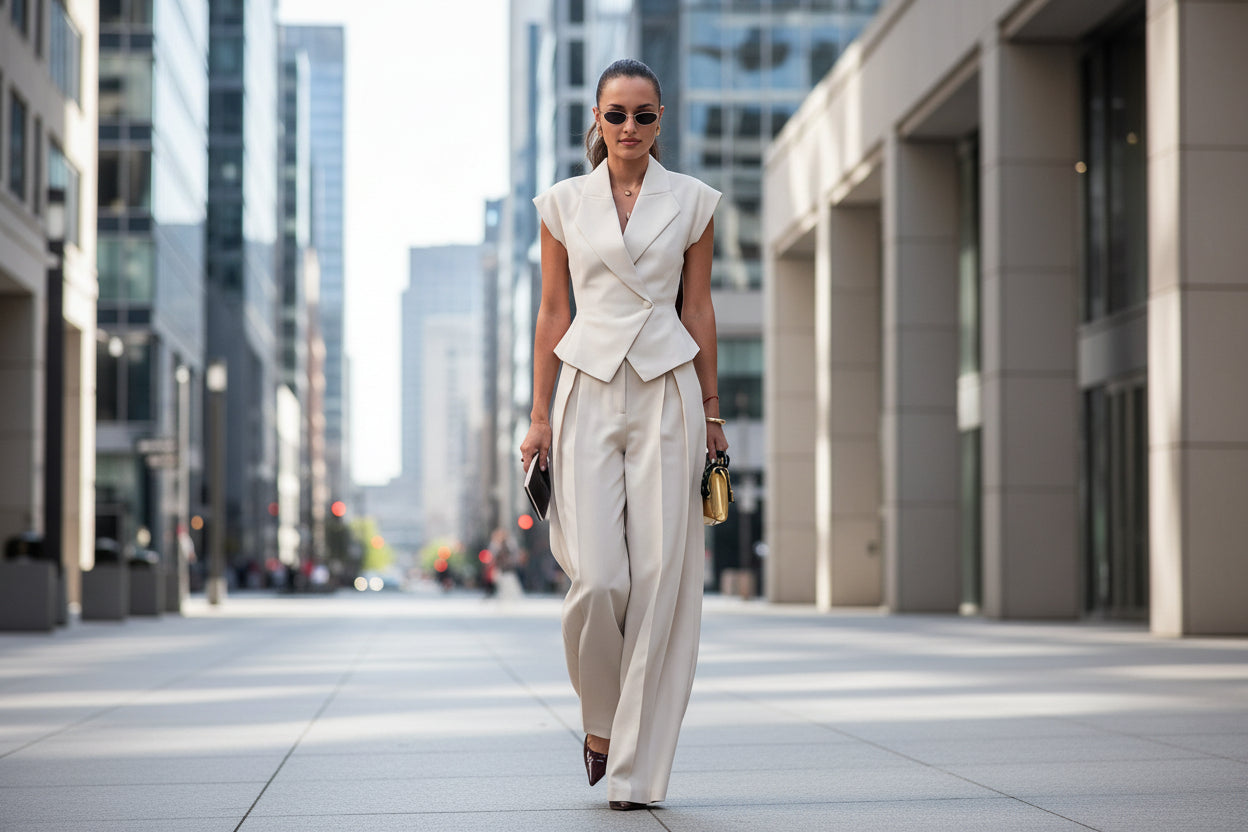 A woman wearing an elegant beige sleeveless waist-cinching vest and matching wide-leg trousers while walking in an urban setting.