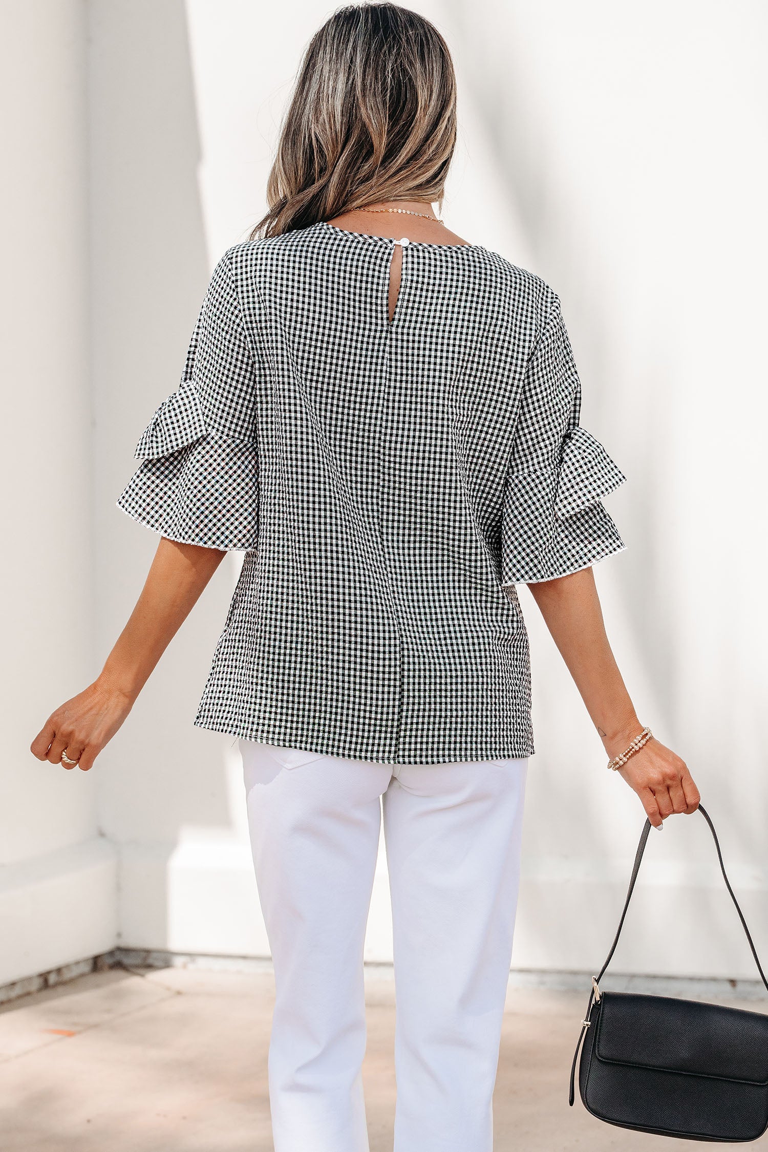 Black Plaid Bow Ruffled Half Sleeve Round Neck Blouse