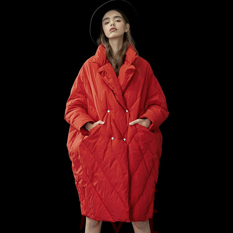 Oversized Slate Blue Quilted Down Coat for Women - Long Puffer Style - Image 3