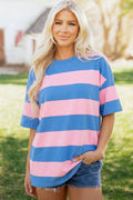 Oversized blue and pink striped tunic tee with a relaxed fit.