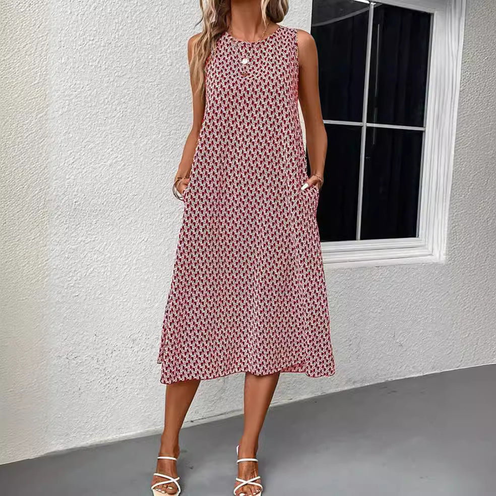 Geometric Print Sleeveless Midi Dress, Relaxed Fit Shift Dress