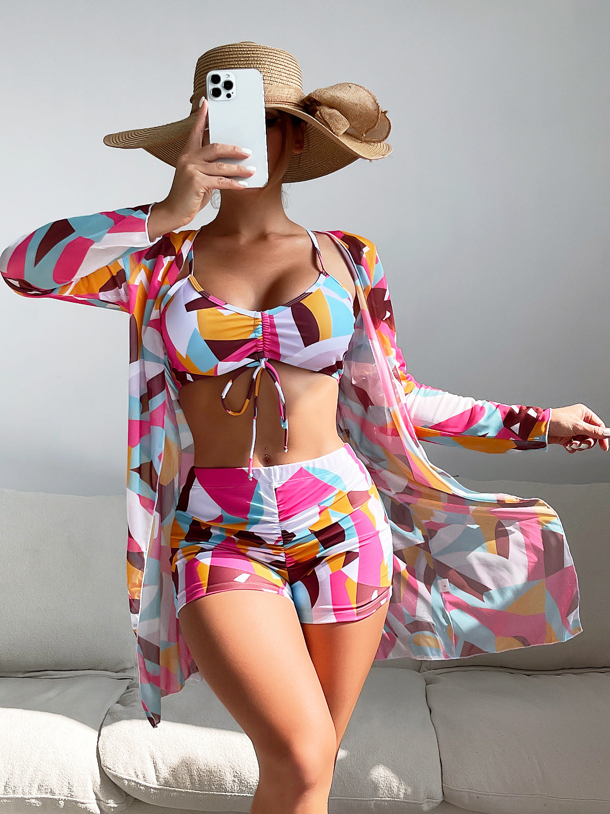 Three-Piece Bikini Set with Sheer Mesh Cover-Up and Briefs