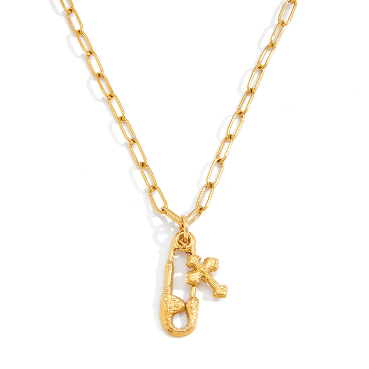 Polished gold stainless steel paperclip link chain necklace worn on a model
