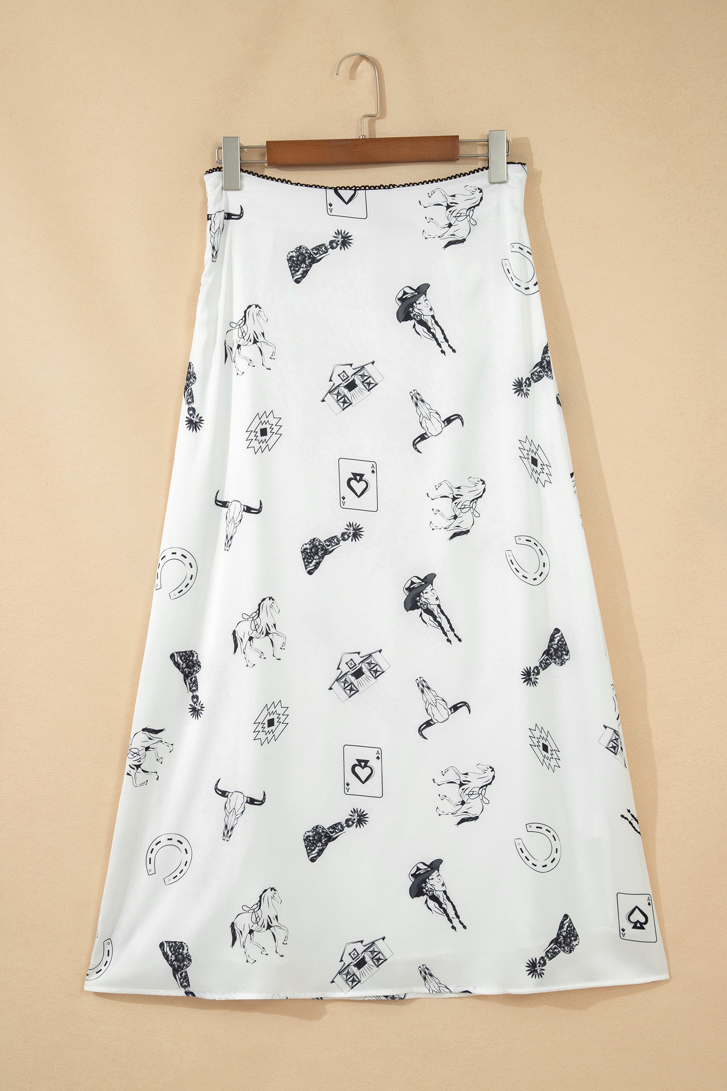 White Western Print Satin Long Skirt Elegant Midi Flowy Skirt