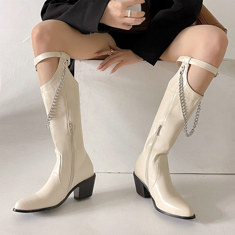 Women's Chic Pointed Toe High Heel Boots with Chain & Buckle - Image 6