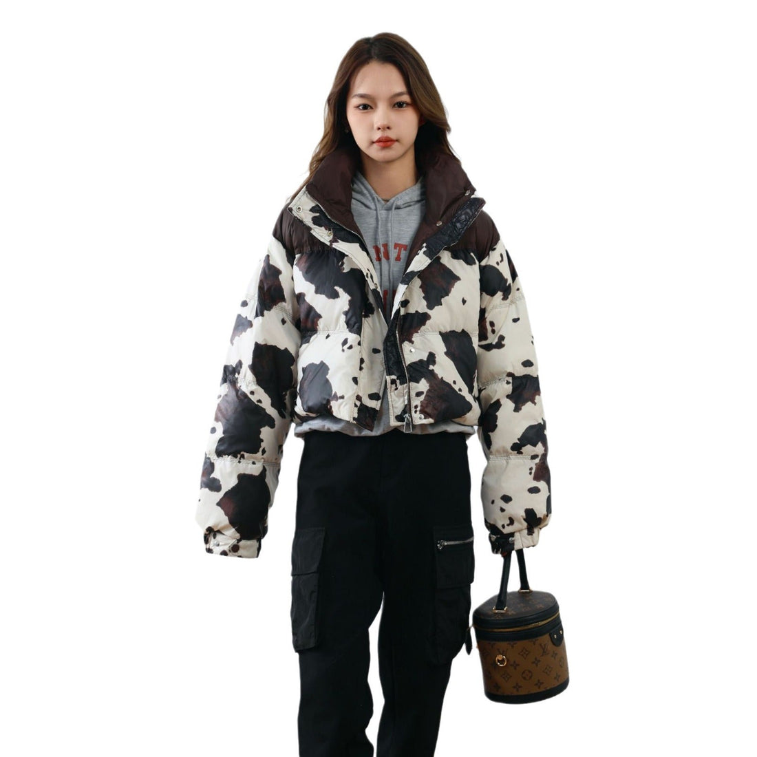 Harajuku Cow Print Long White Duck Down Puffer Coat for Women - Image 6