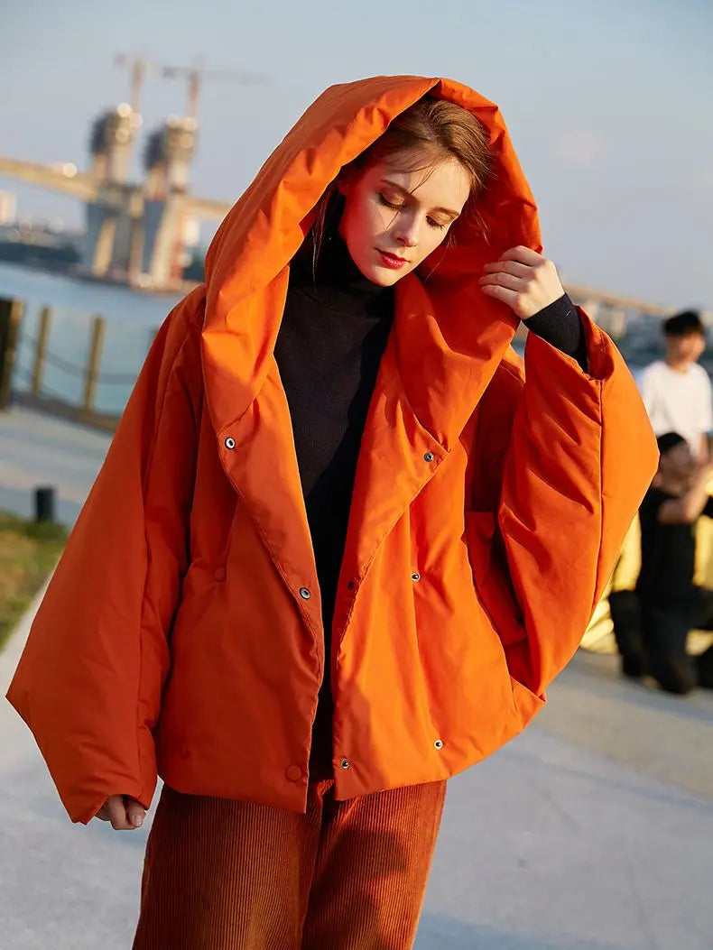 Women's Oversized Fluffy Down Parka - Vibrant Orange Red - Image 2