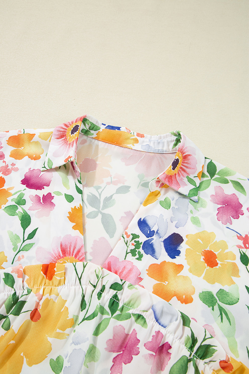 Yellow Floral Boxy V Neck Blouse with Ruffled Short Sleeves