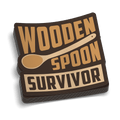 A stack of square-shaped vinyl decals with brown background and tan text that says WOODEN SPOON SURVIVOR with an illustration of a wooden spoon.
