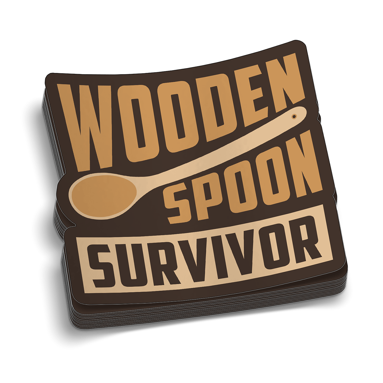 A stack of square-shaped vinyl decals with brown background and tan text that says WOODEN SPOON SURVIVOR with an illustration of a wooden spoon.