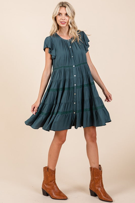 Lace Detail Ruffled Button Down Tiered Cotton Dress