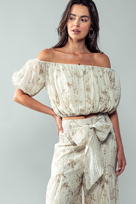 Elastic Off Shoulder Floral Crop Blouse in Taupe