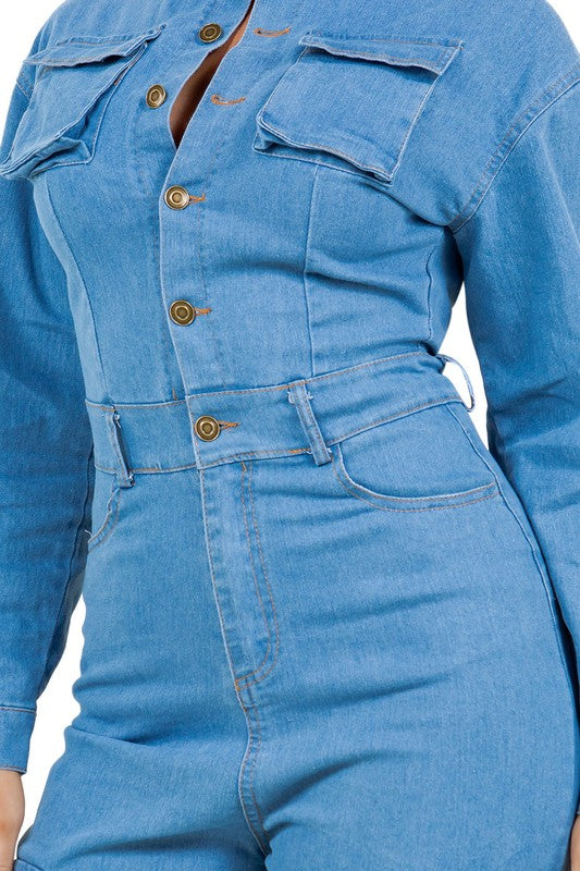 Women's Medium Blue Denim Jumpsuit | Long Sleeve Button-Up
