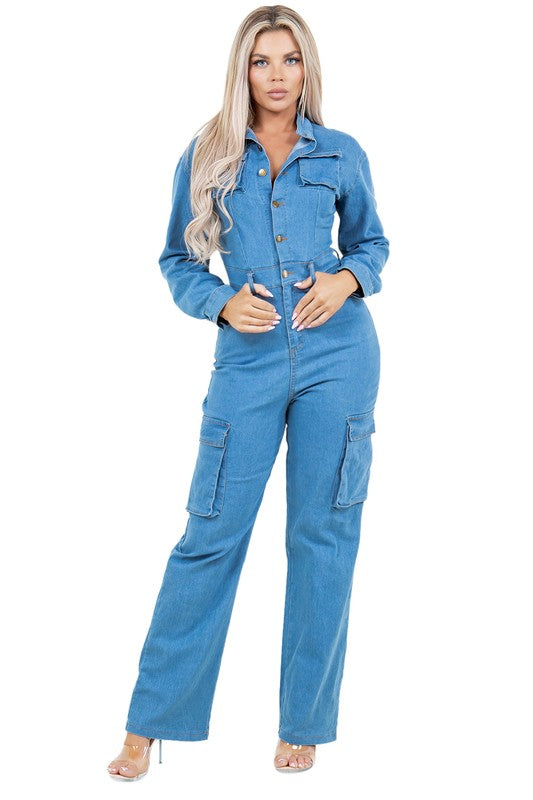 Women's Medium Blue Denim Jumpsuit | Long Sleeve Button-Up