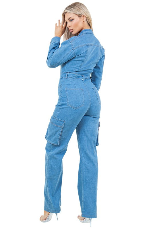 Women's Medium Blue Denim Jumpsuit | Long Sleeve Button-Up
