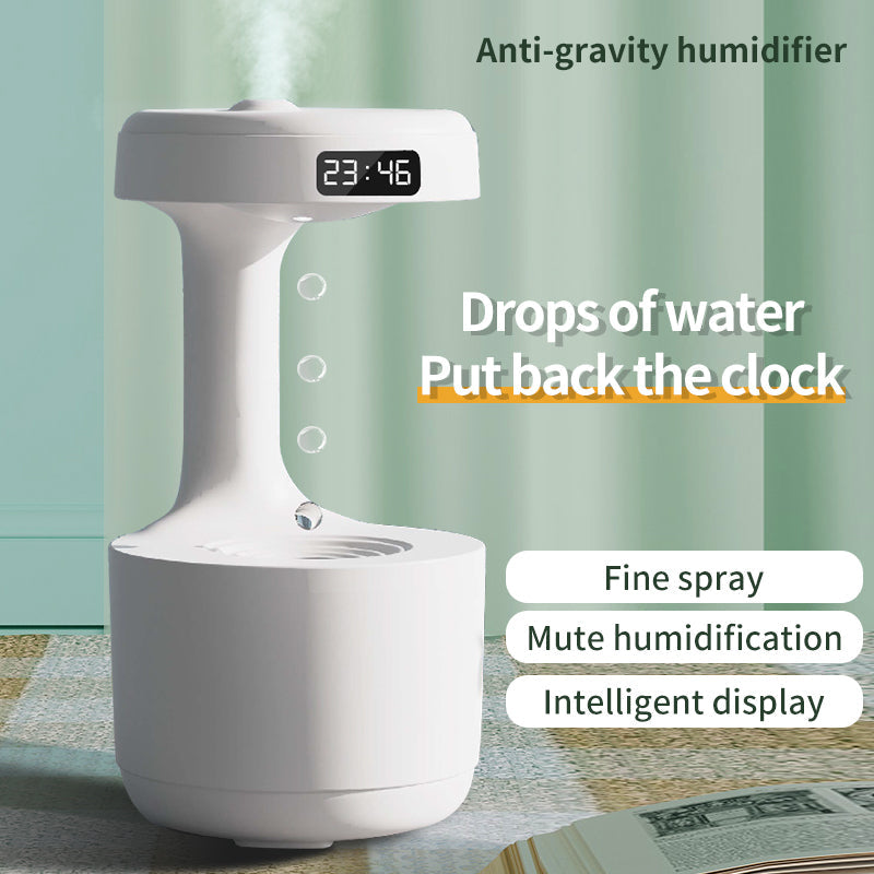 Anti-Gravity Water Drop Humidifier with LED display and ambient light in a modern bedroom setting.