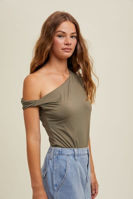 Asymmetrical One Shoulder Knit Top in Olive Cotton