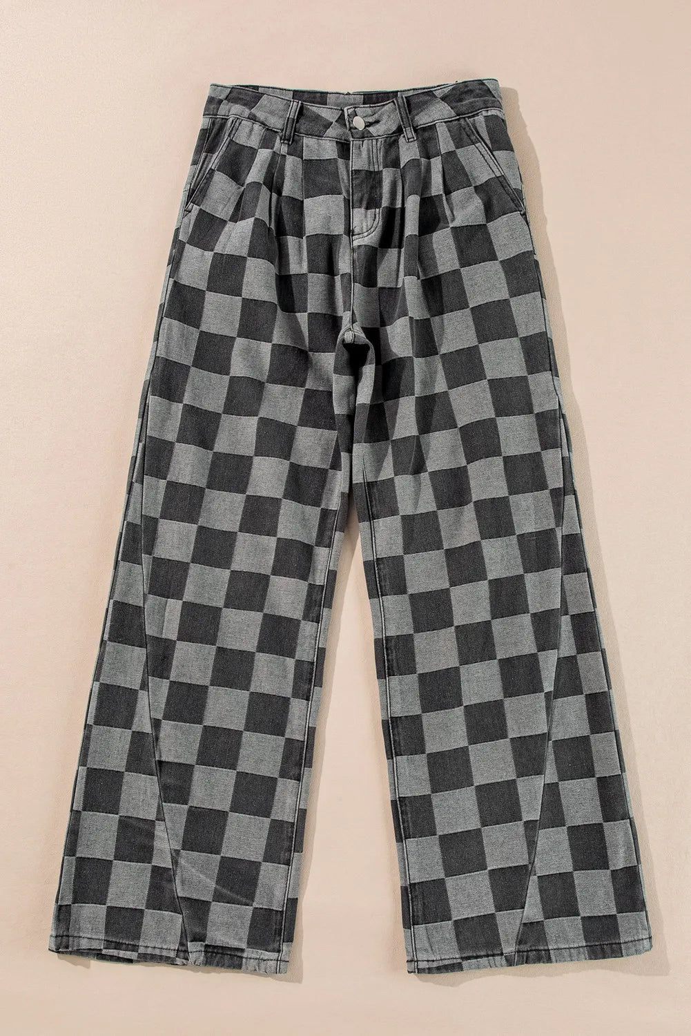 Checkered Wide Leg Jeans | Black & Grey High-Rise Denim